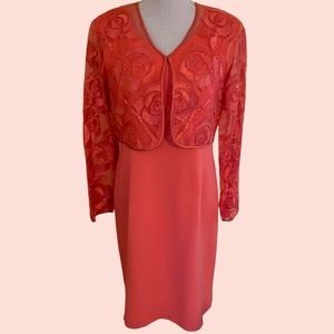 Magali Evening Vintage Coral Silk Sheath Dress with Appliqué/Beaded Jacket